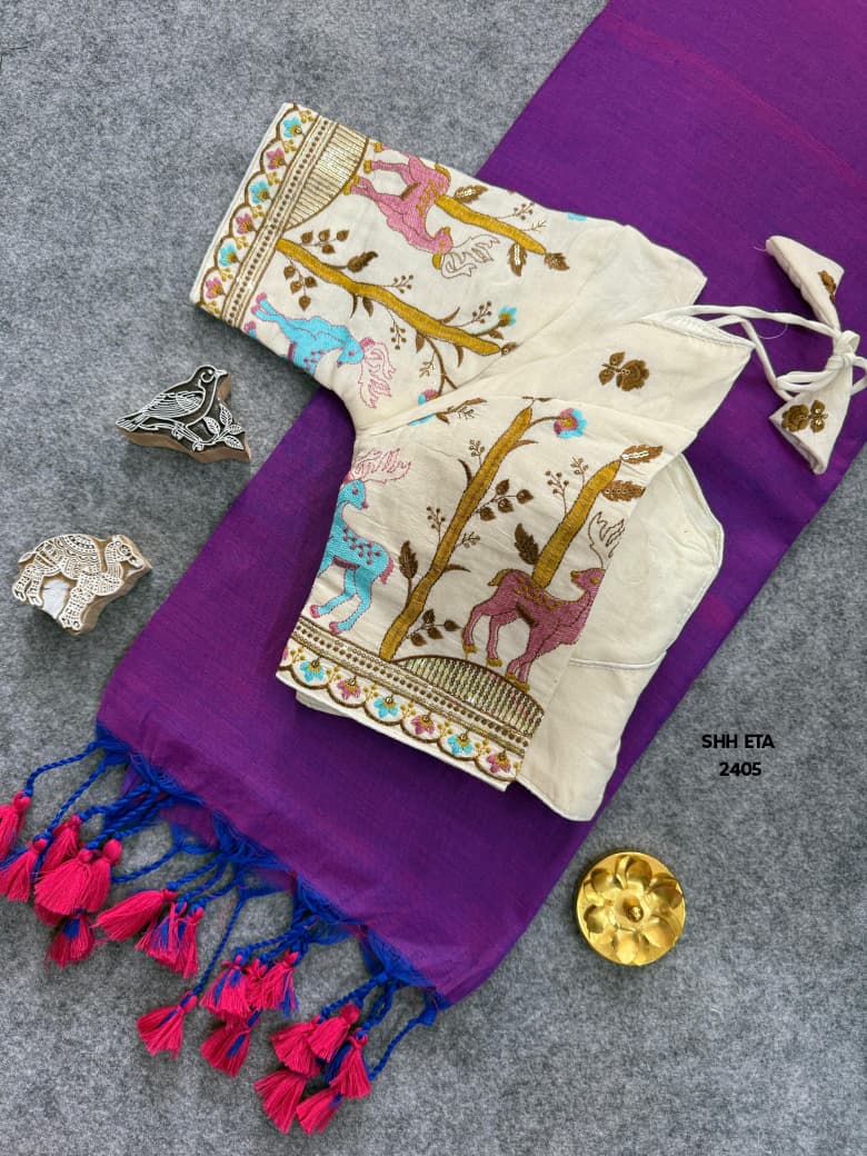 Plain Linen Cotton Handloom Saree with Tassels